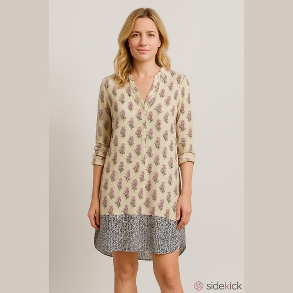 Zara Woman Cream & Purple Floral Geometric Silk Blend High Low Shirt Dress - Picture 1 of 10
